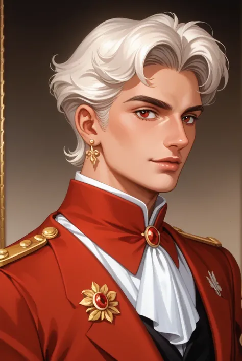 A man with mangrove lines, a retro style with an emperor, but it's enough to be a prince. White hair, dark red eyes, white skin, pierced ears in the royal family, short hair, fawn, alone.