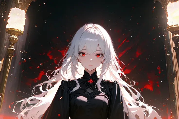 1 girl, white hair, red eyes, very beautiful, black dress, best quality, high performance, odd eyes.