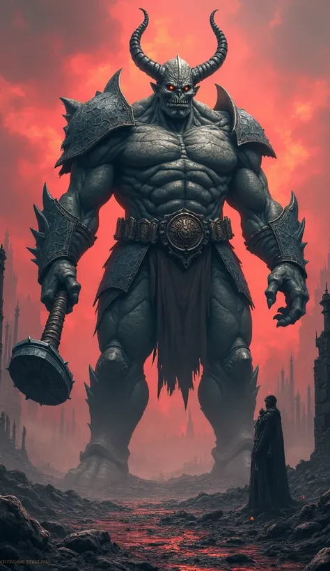 "A stone-skinned, ash-gray ogre, its blue, white, and red battle armor cracked from centuries of war. Its burning amber eyes glow with rage, and its twisted horns resemble the grotesque statues of Notre-Dame. Wielding a massive iron war hammer, it stands a...