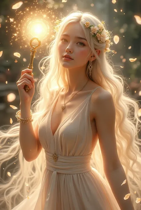 god ray, hold up a luminous magic key, full of light, petals dancing in the wind, blonde hair, smile, floating hair, head wreath, pink tones, textured skin, high details, super detail