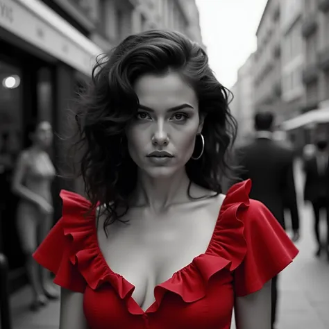 SFW, brightly lit, The image is a black and white portrait of a woman with dark hair styled in loose curls. She is wearing a red dress with ruffles on the shoulders and neckline. The woman is looking directly at the camera with a serious expression on her ...