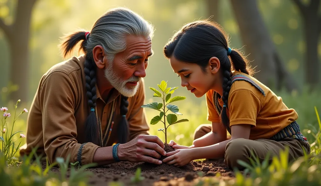 Create a real image: A typical Native American grandfather and his grandson Plant a small tree 