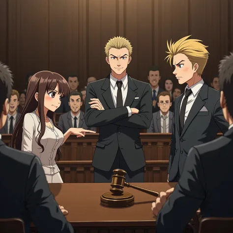 A dramatic anime-style courtroom scene. The protagonist (David) stands at the defendant’s table, looking serious and calm. His wife (Christiana) is angrily pointing at him while speaking to the judge, her face full of confidence. Behind her, Ezekiel smirks...