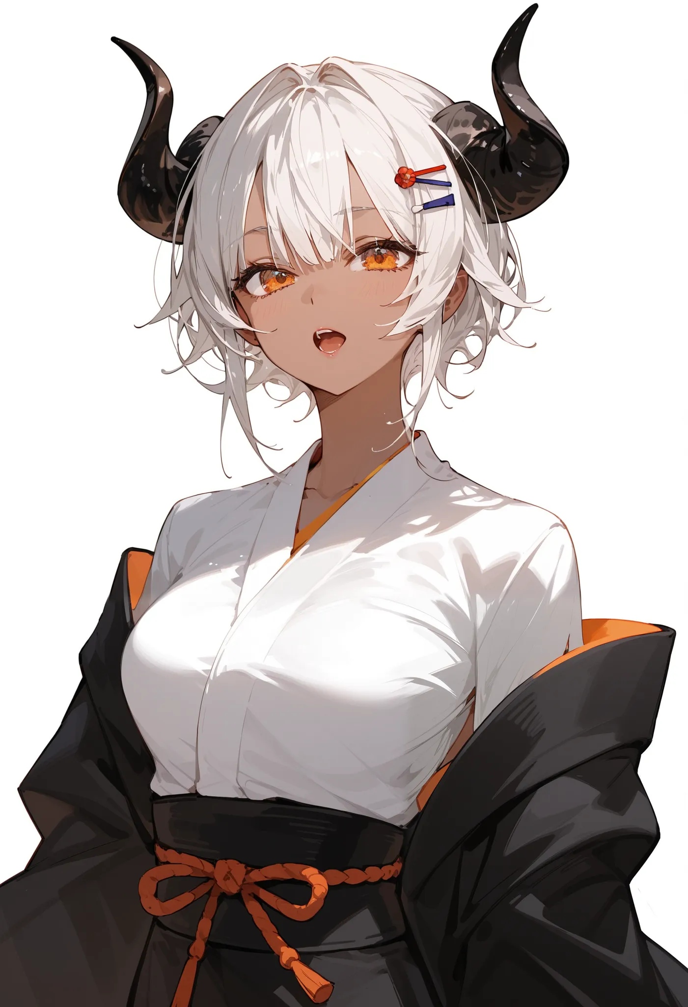 1 person,girl, long hair,I gathered,There is a hairpin , white hair,Tanned skin,ใส่kimonoสีส้ม,In the orange eyes, With Black Curved Horns,medium breasts,beautiful, Open your mouth,white background,พี่girl,milf,slim,standing, Tomboy ,Focus on the face,He r...