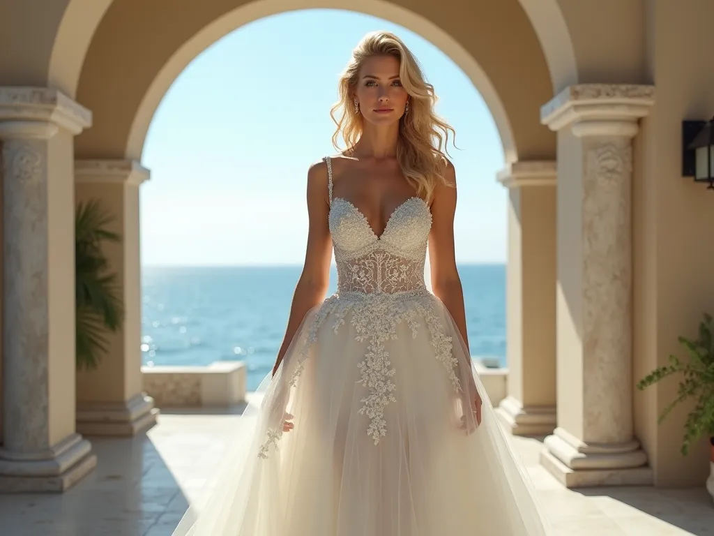     Blonde woman    , blue eyes, thin,  curved and large   ,   perfect breasts   ,   dressed in a beautiful and luxurious wedding dress.  She is walking through her wedding until she reaches the altar . In a very luxurious house next to the beach 