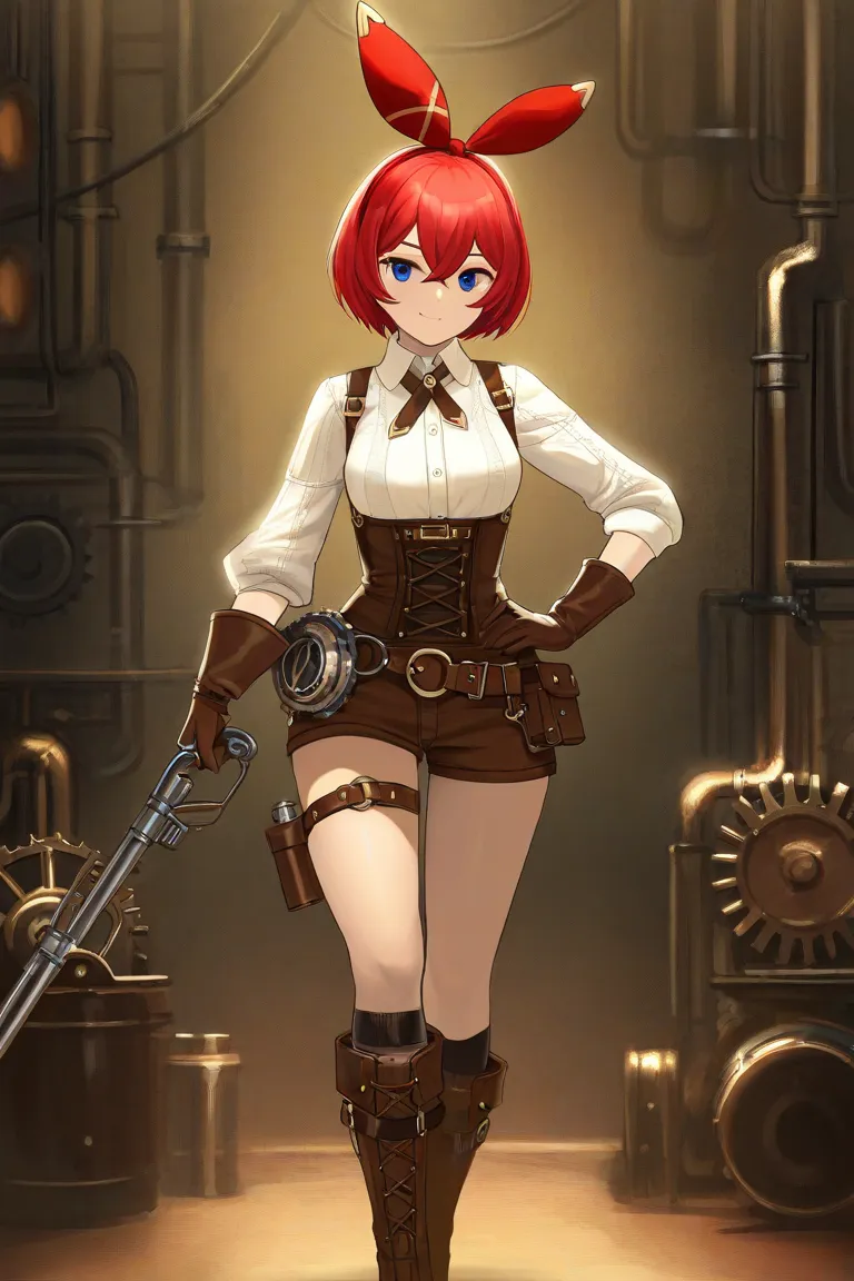 Write a steampunk style girl with red hair, bob, long side hair, and blue eyes