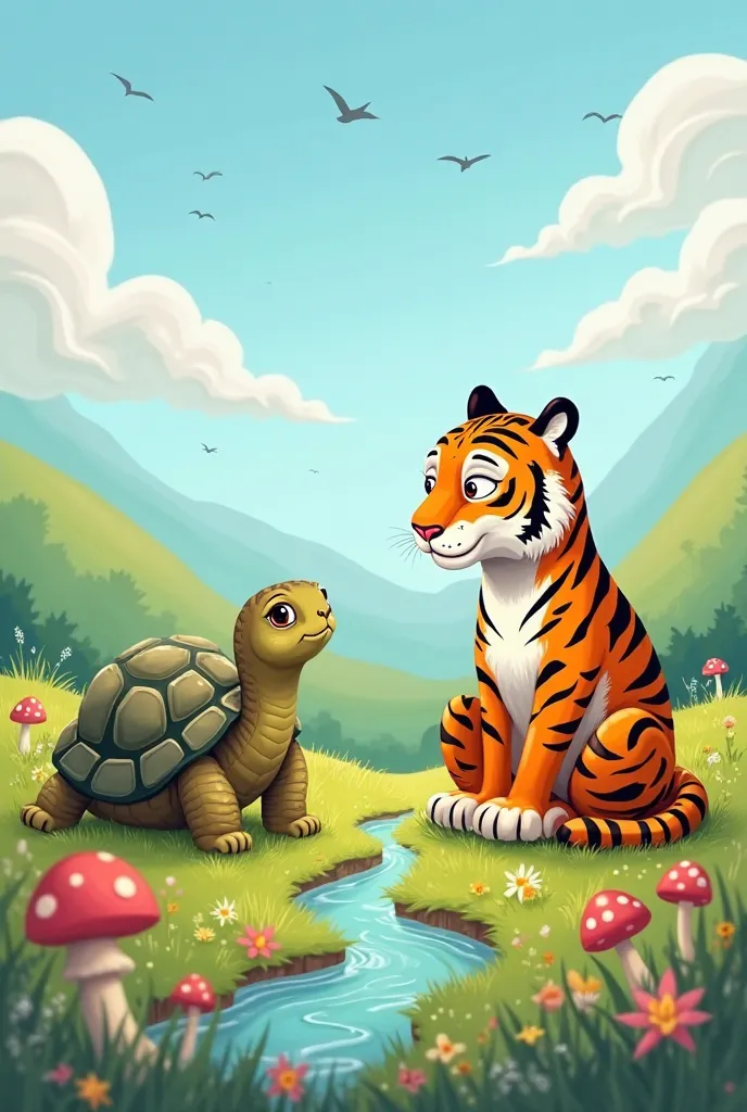 cartoon tiger and tortoise discussing

