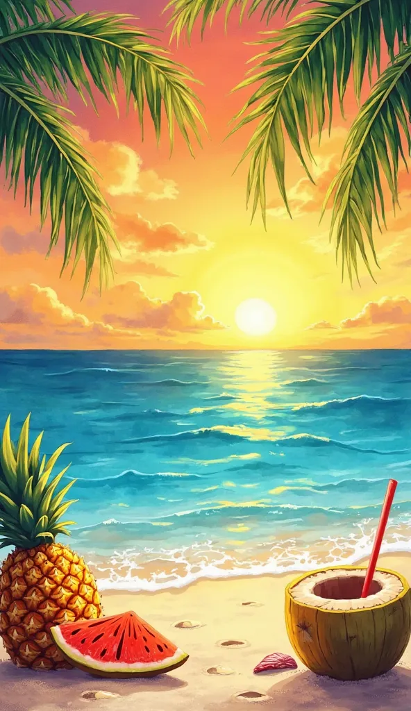 The above image design shows a bright summer scene with mottled watercolor material with typical elements such as:

The above image has a strong tropical summer atmosphere with typical elements such as:

Sunset scene on the sea: The sky is bright orange-ye...