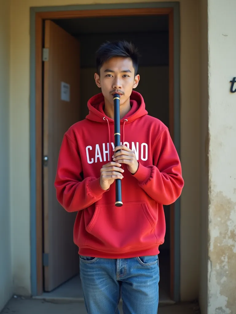 a young handsome Indonesian man, very short spiky hair , grandma hoodie in red color written "CAHYONO ", blue jeans ,  white shoes, face smile mouth blowing flute, face facing the camera, is standing hands holding fluted musical instrument , atmosphere nea...