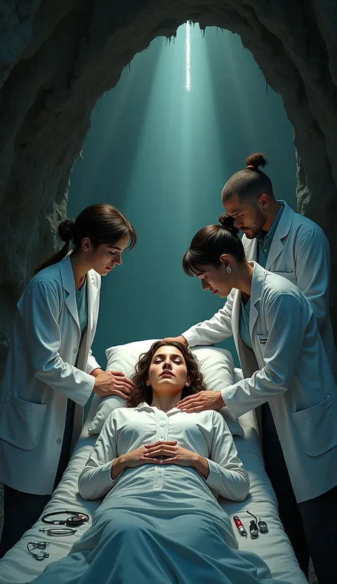 3 doctors visiting woman in the cave to assess her health.