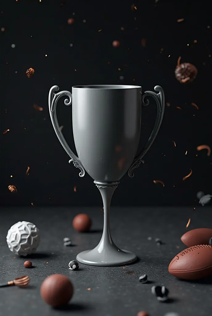 realistic image of a sports gray goblet with handles on a dark background, dark sports elements around
