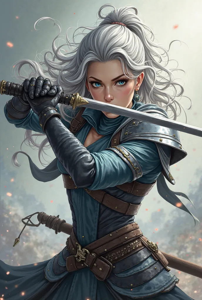 A realistic, photo-realistic original illustration (Best Quality) ((Masterpiece)) (High-Resolution) A highly detailed masterpiece. An alluring portrait of a determined female warrior drawing a sword against a neutral battlefield backdrop. The character has...