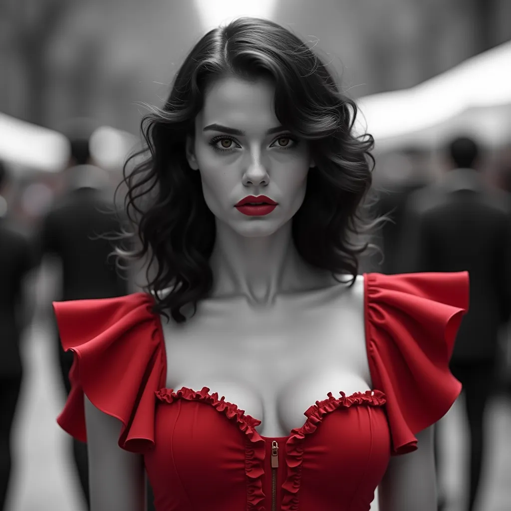 SFW, brightly lit, The image is a black and white portrait of a woman with dark hair styled in loose curls. She is wearing a red dress with ruffles on the shoulders and neckline. The woman is looking directly at the camera with a serious expression on her ...