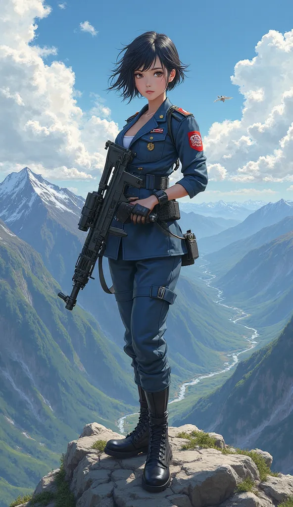 "A female soldier in a South Korean military uniform, standing on a mountain with an open shirt, holding a gun."
