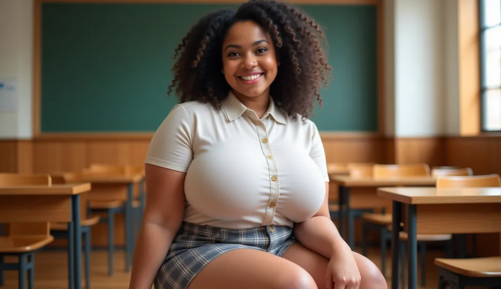 A curvy girl with thick thighs and a radiant smile in a short plaid skirt and a tucked-in blouse, sitting casually on a classroom bench.