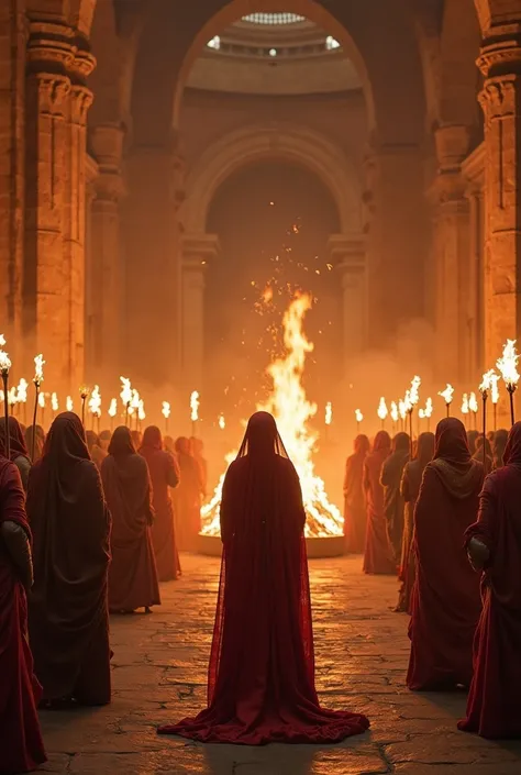 7. Rani Padmavati and the Rajput Women Preparing for Jauhar

Prompt: Rani Padmavati, dressed in a red bridal saree, standing with hundreds of Rajput women inside a grand chamber. Their faces are determined and solemn. Gigantic torches illuminate the stone ...