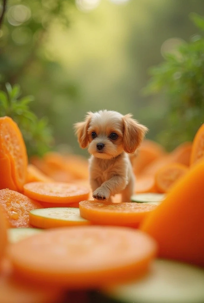 A tiny dog figure walking through giant fresh carrot and zucchini slices, like a jungle. The vegetables look fresh and crisp. The dog appears curious and adventurous. The background is softly blurred to emphasize freshness while using the same dog from las...