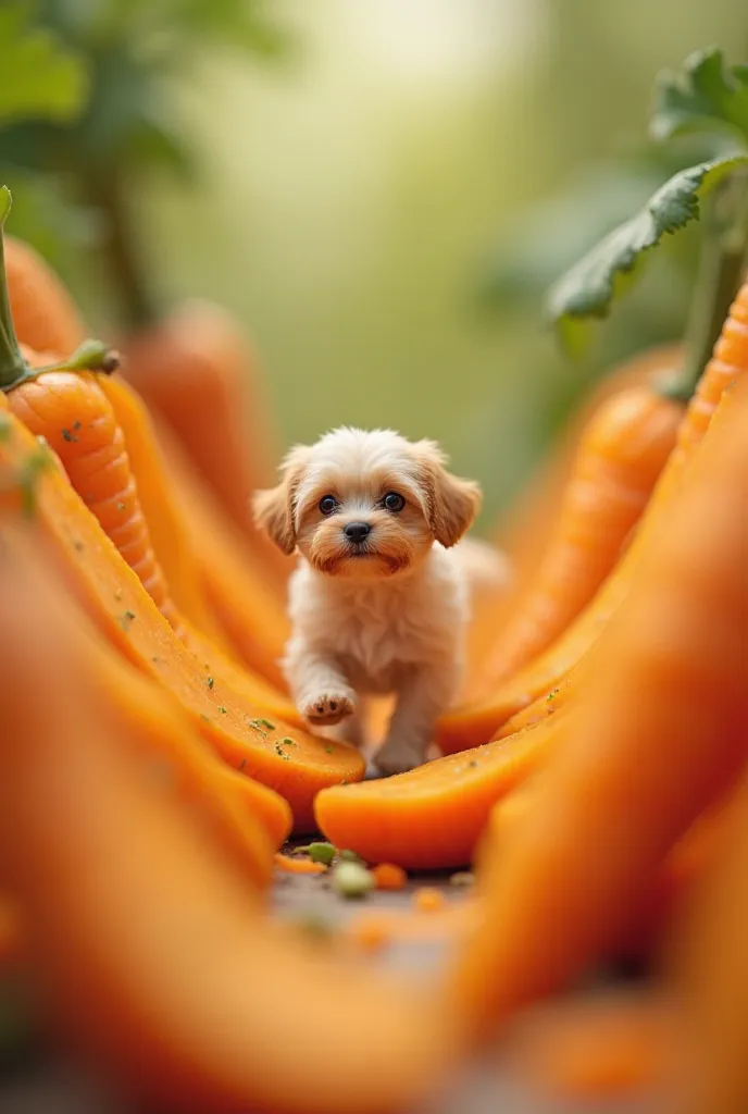 A tiny dog figure walking through giant fresh carrot and zucchini slices, like a jungle. The vegetables look fresh and crisp. The dog appears curious and adventurous. The background is softly blurred to emphasize freshness while using the same dog from las...