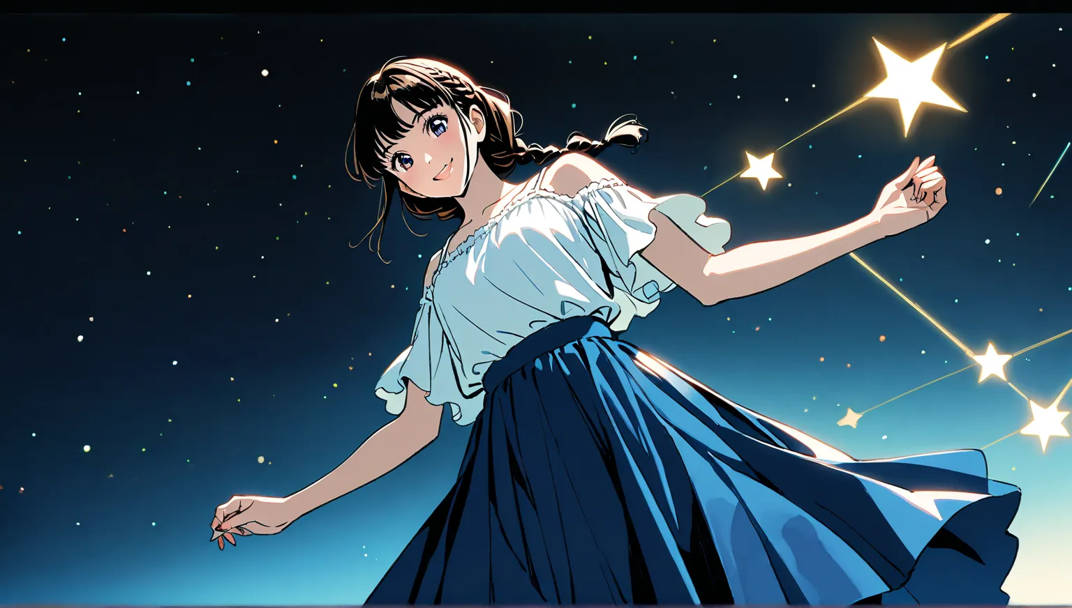 (( sky full of stars))、((alone)),((Contrast of Light and Shadow))、(( dance)),((Smile)),,((Black semi-long braid hairstyle)),((())),masterpiece, Highest quality, Beautiful attention to detail, Very detailed, In detail, High resolution, ((white blouse、blue s...