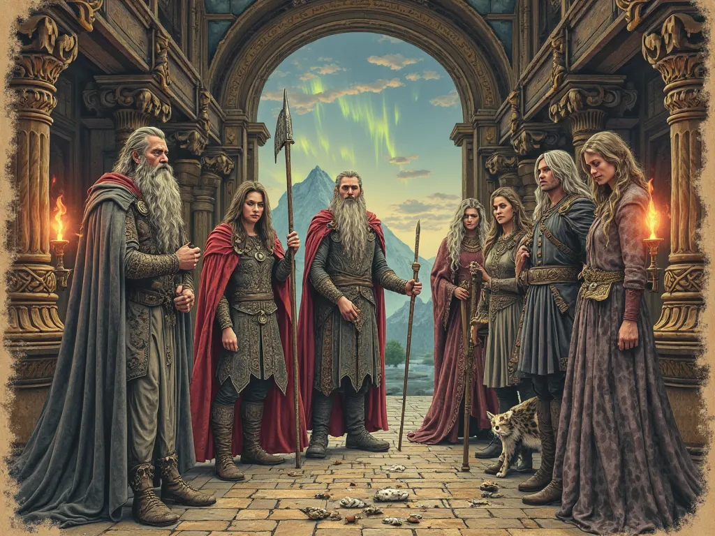 A detailed vintage illustration depicting the main gods of Norse mythology gathered in an ancient and mystical setting, with an aged art style, inspired by ancient engravings and illustrations from the 19th century. Odin, with a richly adorned cloak, holds...