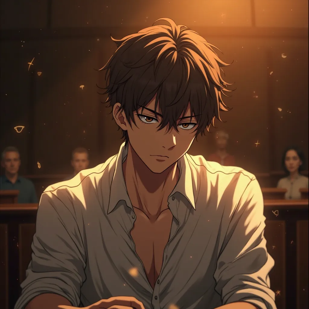 A handsome young man with light skin and wavy brown hair sits in a dimly lit courtroom anime style, wearing a slightly unbuttoned white dress shirt. His expression is sorrowful, his eyes cast downward as he reflects on deep emotions. The warm golden lighti...