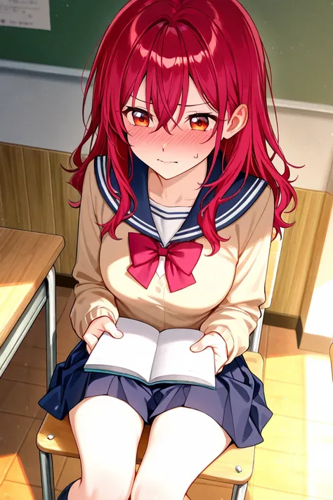 red hair　long hair、smile、 high school student、uniform、miniskirt、 thighs、calves、chair with a notebook in hand、Embarrassed expression、boobs、 teary eyes in the store