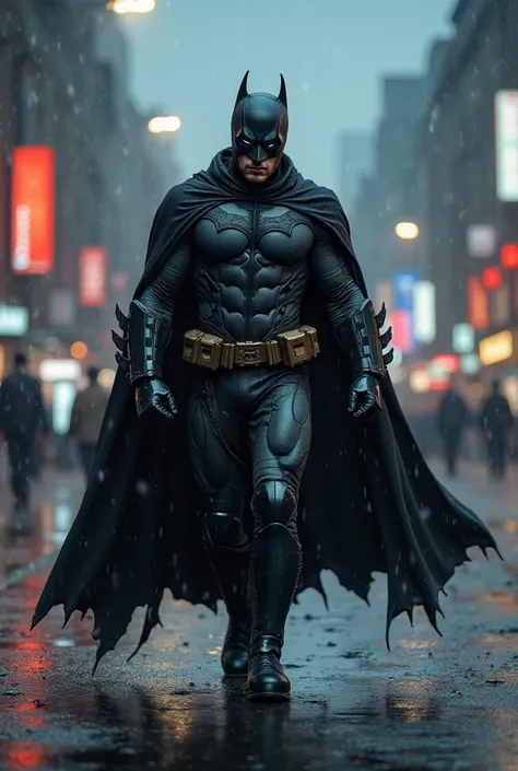 "A battle-hardened ninja Batman, clad in a futuristic black suit with iron gauntlets, marches through a stormy Berlin night. His high-tech goggles scan the city for danger, and his trench-style cape sways in the cold wind. Every step is precise, like a mac...