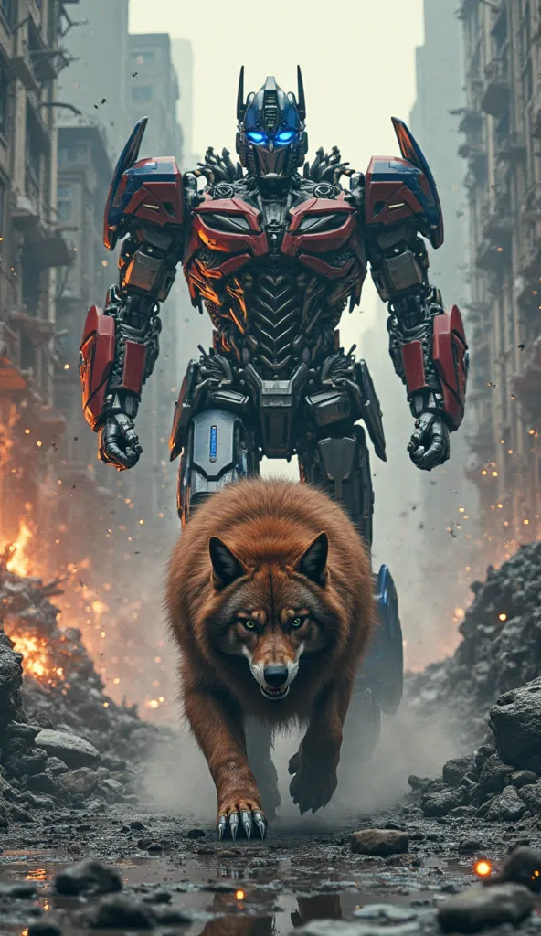 "A dramatic showdown between two powerful beings in a ruined, war-torn city. The top half of the image features Optimus Prime, his towering robotic frame gleaming with battle scars. His eyes glow with unwavering intensity as he charges forward with determi...