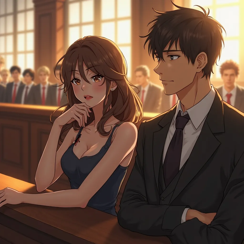 A refined, elegantly dressed woman with long anime style, wavy brown hair sits beside a sharp-dressed man in a black suit and tie inside the same courtroom. The woman rests her chin on her hand, appearing deep in thought, while the man looks at the trial w...