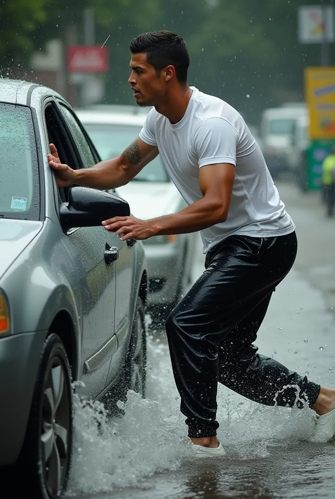 Cristiano Ronaldo Breaks the Car Window
Cristiano Ronaldo, wearing his drenched white t-shirt, black athletic joggers, and white sneakers, clenches his jaw as he uses his elbow to smash the car window. Shards of glass float in the water as he reaches in, g...