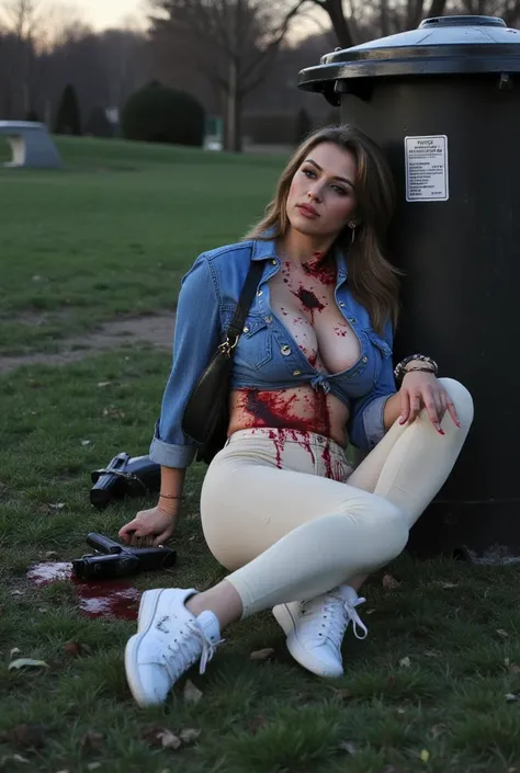 bloodied and dead body of a female assassin  sits weakly on the grass in a park leaning against a dustbin. She has multiple gunshot wounds in her chest , belly and flank and she is bleeding profusely from her wounds. Deep red crimson blood splatters and bl...