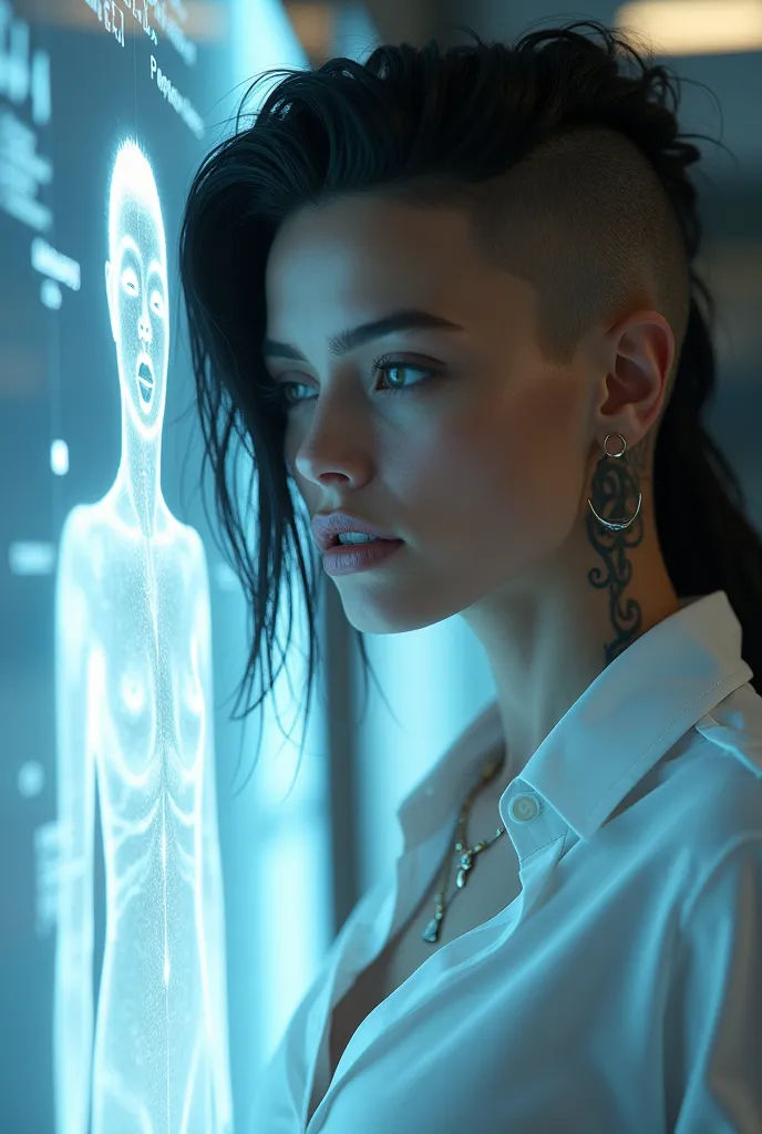 black haired woman, Shaved side, camisa blanca,  tattoo on the arm , looking at a hologram of a woman