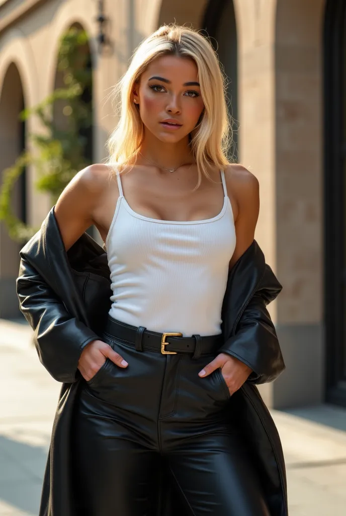 blond woman in leather pants and a white top posing for a picture, leather pants | natural lighting, leather pants with a belt, leather clothes, leather, leather pants, woman is in a trenchcoat, wearing a leather trench coat, wearing black leather trenchco...