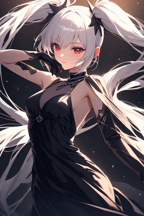 1 girl, white hair, red eyes, this eyes on forehead, twin tail, black dress, best quality, high performance.