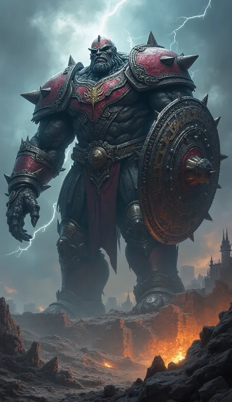 "A massive war ogre, its black, red, and gold armor forged from ancient battlefield ruins, covered in glowing runes of destruction. Its silver eyes gleam with mechanical fury, and its massive spiked war shield crushes entire armies with one swing. It stand...