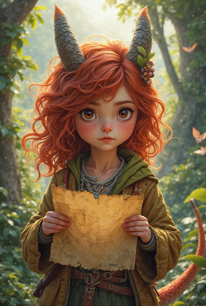 girl with long curly red hair with brown eyes and Fang,His friend green dragon, Holding a treasure map