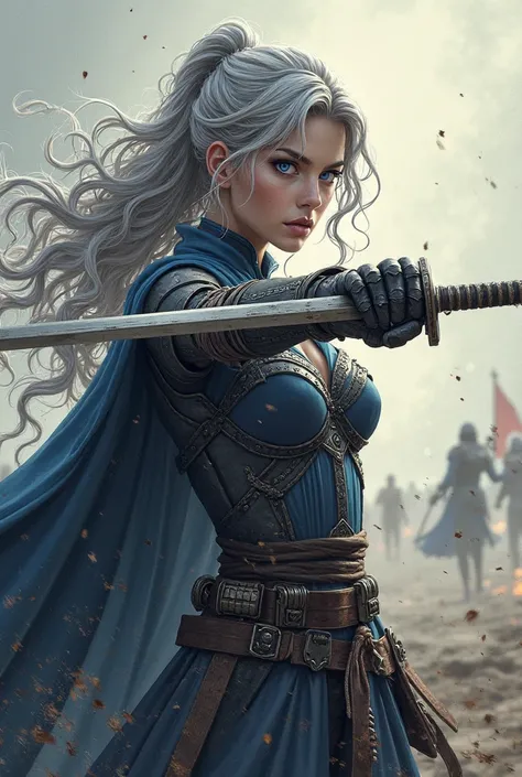 A realistic, photo-realistic original illustration (Best Quality) ((Masterpiece)) (High-Resolution) A highly detailed masterpiece. An alluring portrait of a determined female warrior drawing a sword against a neutral battlefield backdrop. The character has...