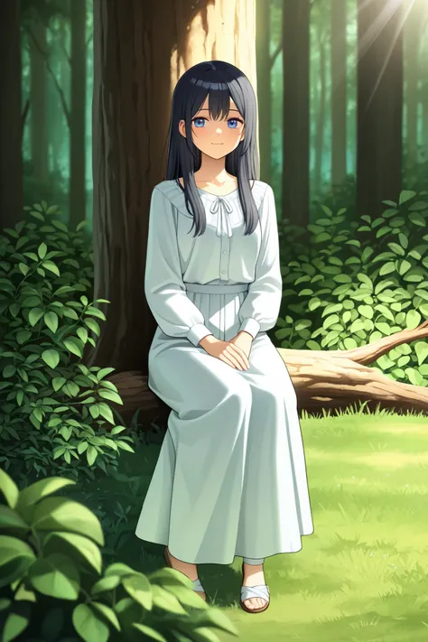 Helen Keller in anime style, sitting under a large shady tree.