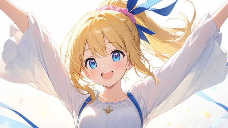 one girl， small tits, golden hair，ponytail， pink scrunchie， T-back ，white shirt， blue ribbon，white background, Blue Eyes、 smiling cheerfully、Upper arms