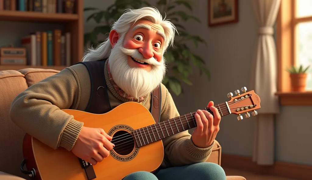 CREATE AN ANIMATED PIXAR CARTOON ILLUSTRATION OF A FRIENDLY WHITE-BEARDED MAN, STRINGING A GUITAR.