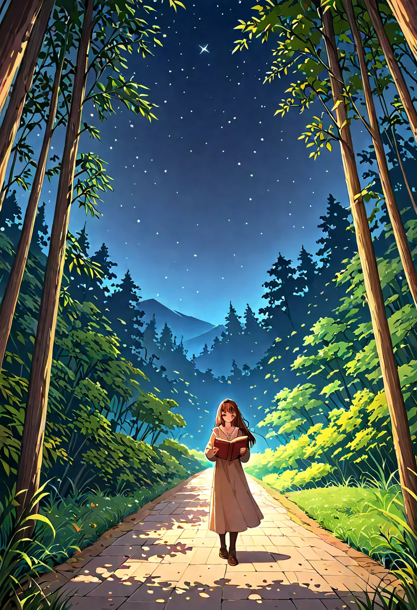 journey, a long way, nature, a girl holding a book, night