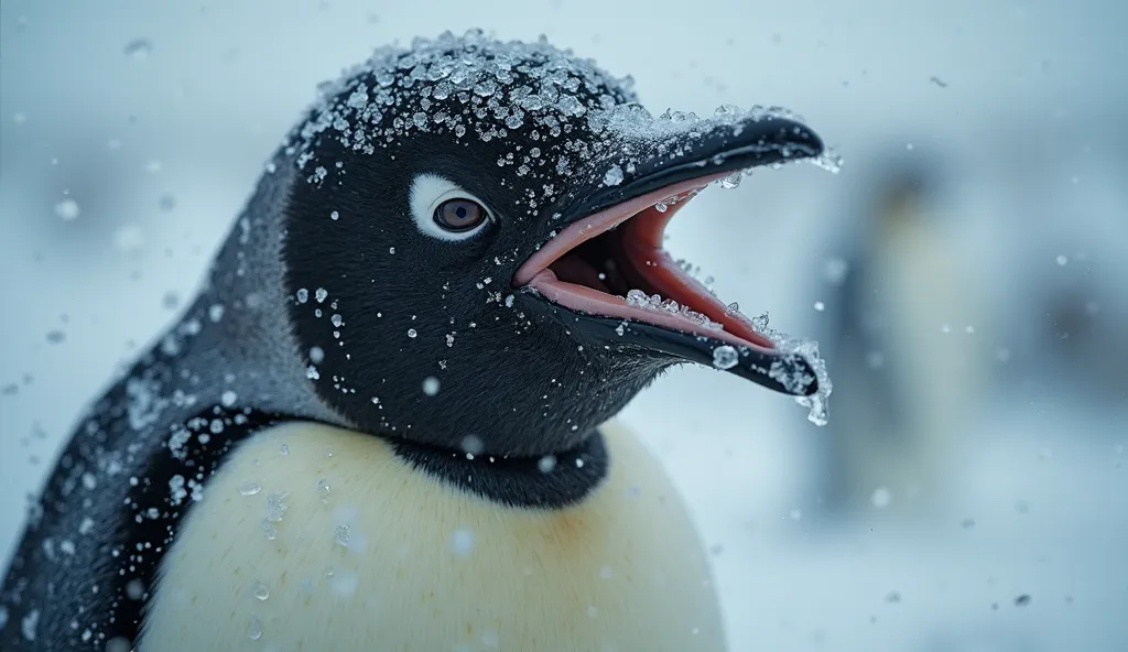 Close-up of an exhausted emperor penguin with ice-covered eyes, standing against a VIOLENT blizzard, mouth open in a dramatic cry, with text overlay: '70% DIE ON THIS JOURNEY