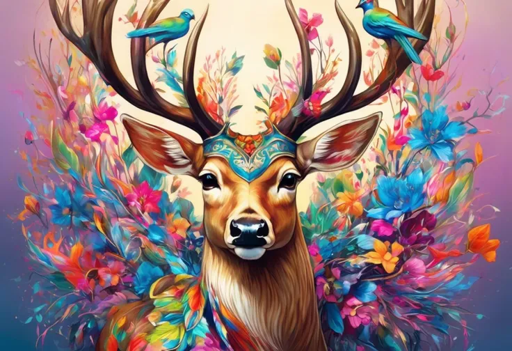 picture of a deer with colorful heads and horns, 背の高いものBeautiful絵画, Animal paintings,  brightly colored parrot painting ,  beautiful animals Pearl Queen,  Beautiful ,  anthropomorphic deer , Deer portrait, an  anthropomorphic deer ,  digital art - w 0 ,   ...