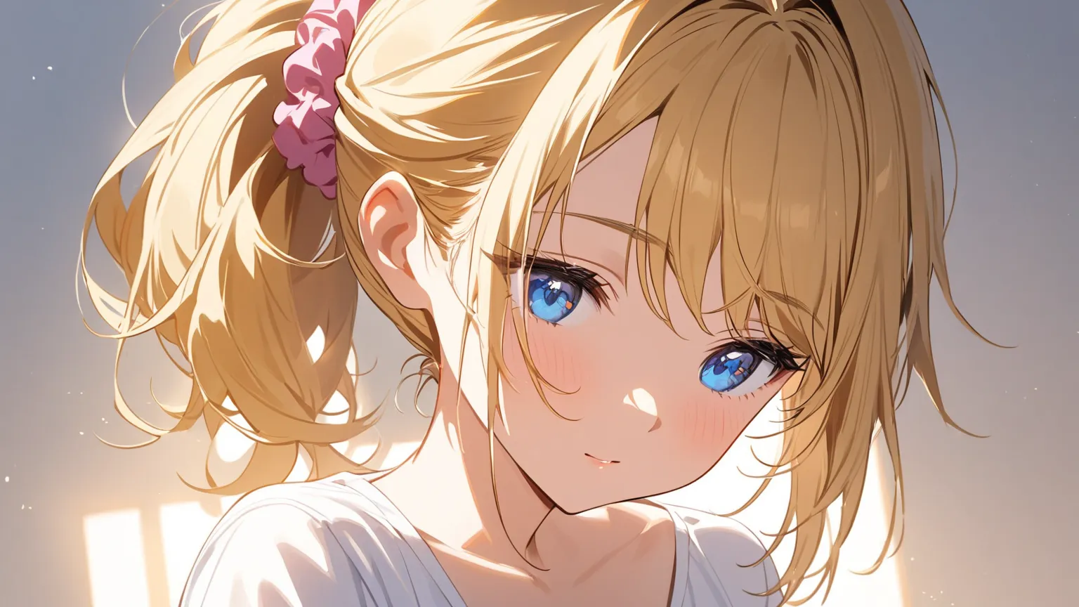 one girl，golden hair， small tits，ponytail， pink scrunchie，light blue thong，white shirt，white background, Blue Eyes、