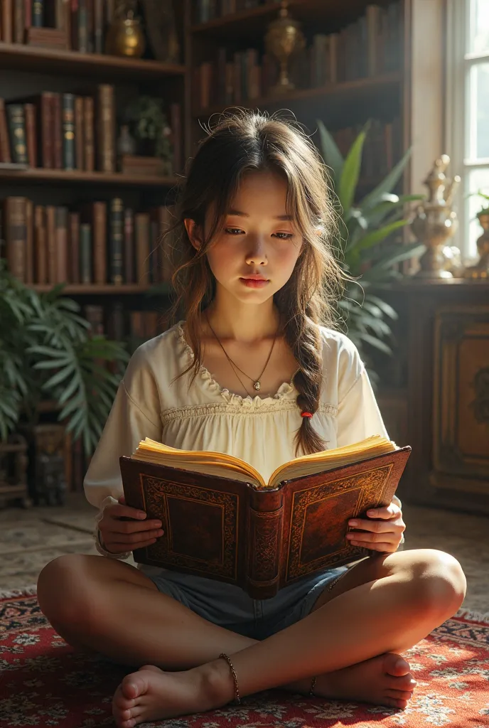 realistic style image. Girl reading some very old notebooks 