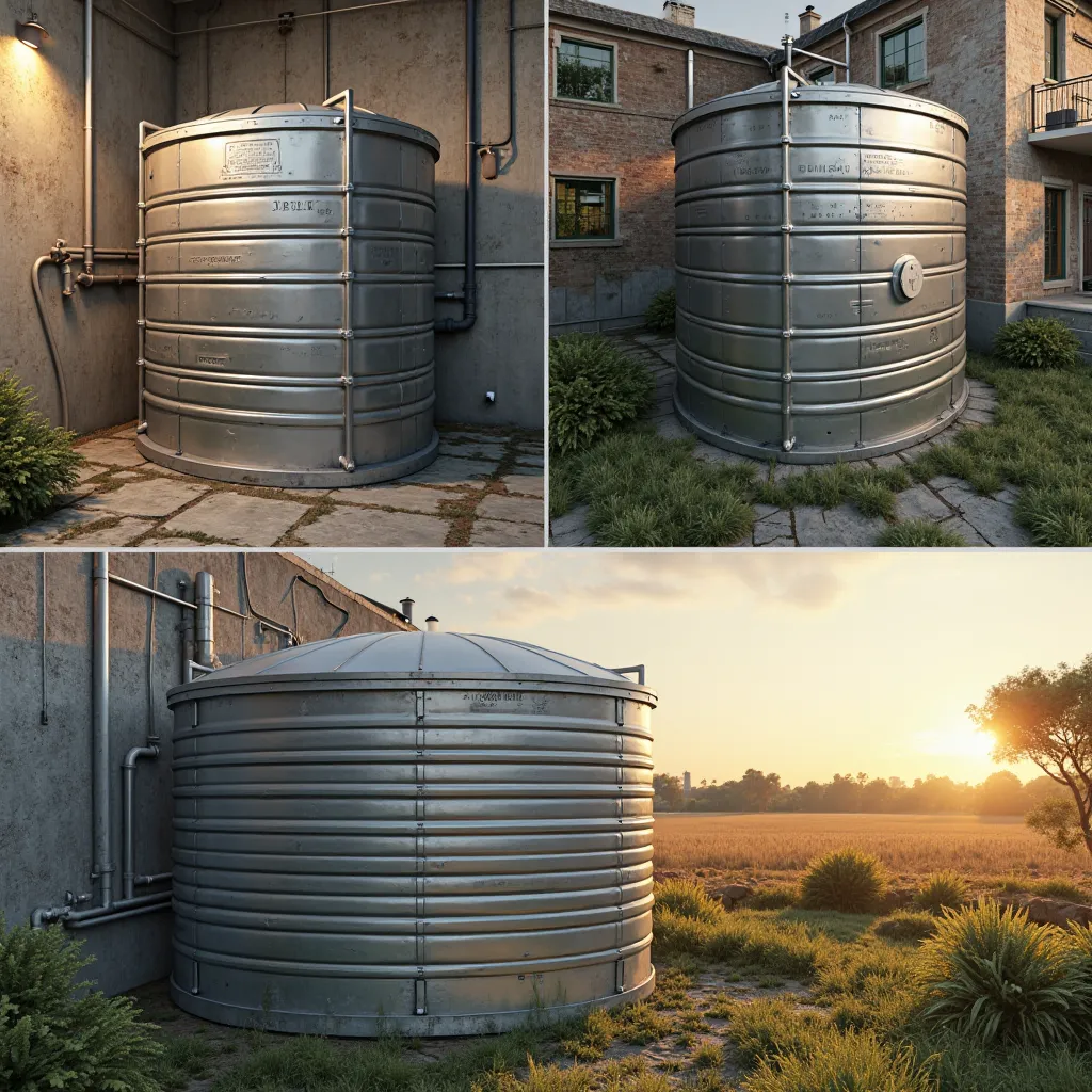 A highly realistic, ultra-detailed modular water tank installed in multiple locations. The first scene shows a large rectangular galvanized steel water tank with embossed reinforcement patterns placed in the basement of an apartment complex, surrounded by ...