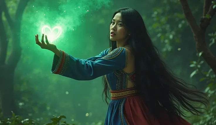 cinematic style

"Princess Among" (A Malaysian woman with long black hair is wearing a long tribal-looking dress that is blue on top, has a long-sleeved dress, and a red dress on the bottom)  reaching out to grab the glowing green Emerald Heart, her expres...