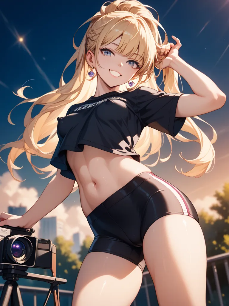 masterpiece、Best Quality、one girl、small_breasts、blond hair、smile、black shiny compression shirt、Nipple Uplifting、bike shorts、 Preparatory Exercise、