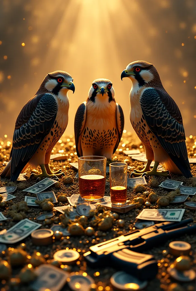 Three pilgrim falcons smoking marijuana and drinking whiskey on top of a lot of money,Gold and firearms