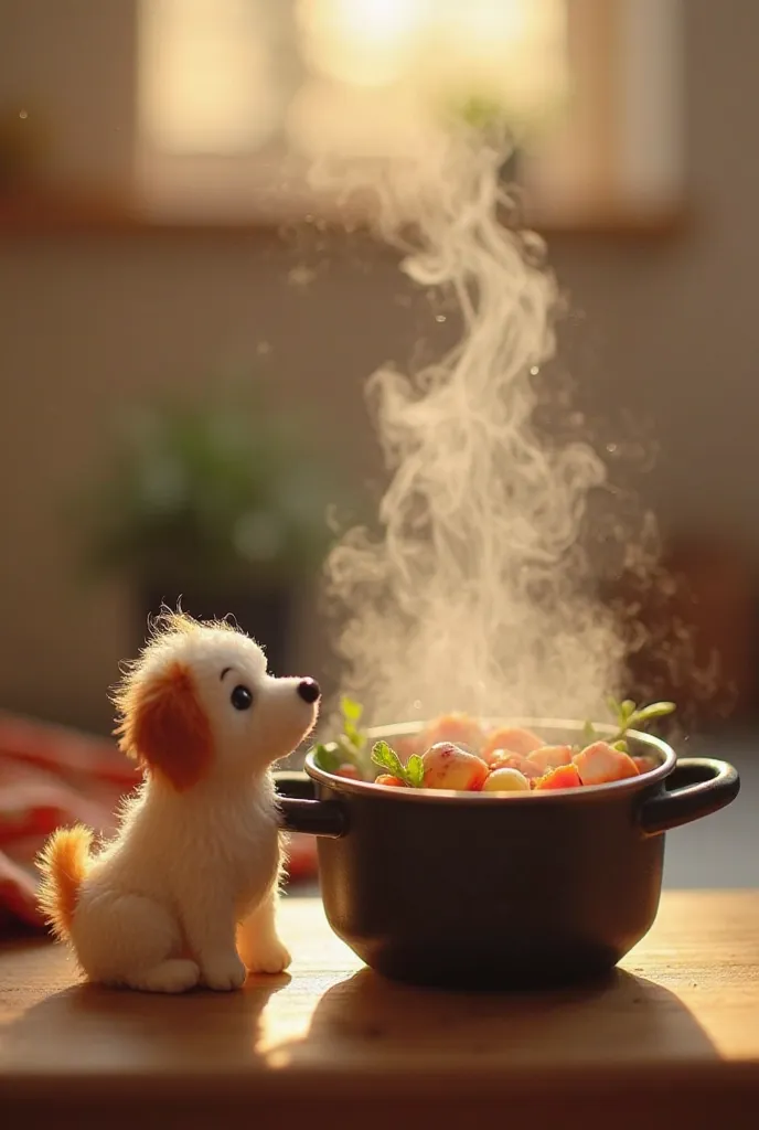 "A tiny dog figure standing next to a miniature boiling pot, steam rising gently, creating a warm and inviting atmosphere. The pot contains freshly cooked natural ingredients. The background has soft kitchen lighting, emphasizing warmth and care